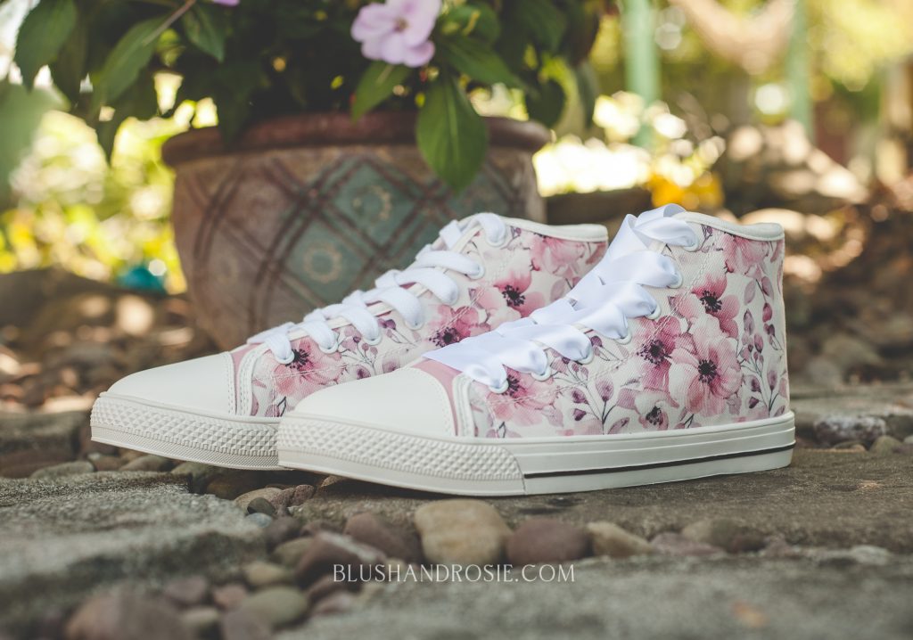 blush pink flower high top canvas sneakers, wedding sneakers, blush pink love, ribbon laces