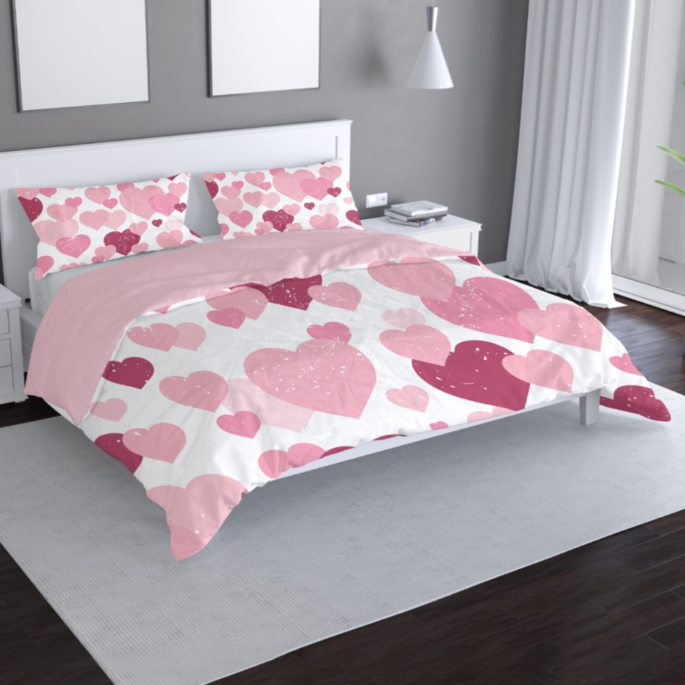 pink hearts valentines day bedding duvet cover and pillow shams, full queen, king and california king