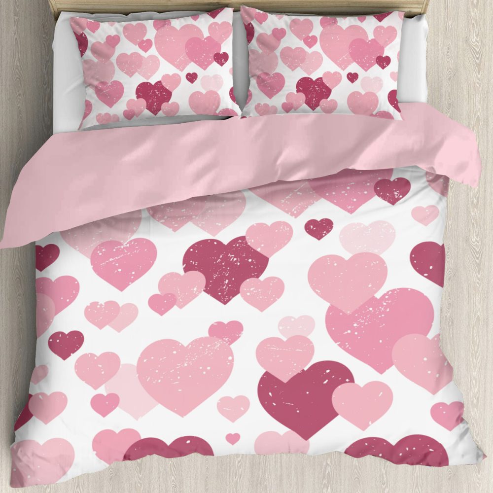 pink hearts valentines day bedding duvet cover and pillow shams, full queen, king and california king