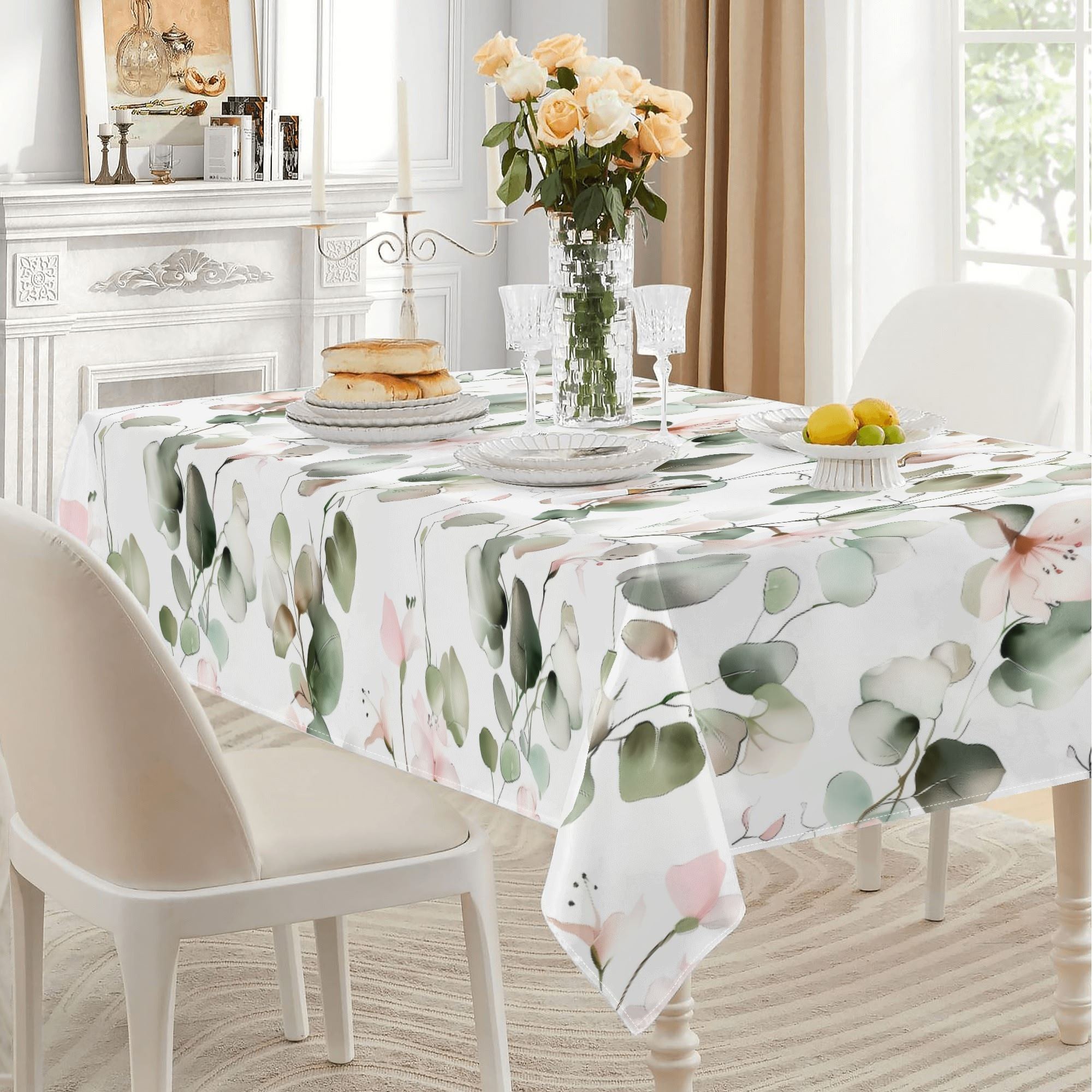 rectangle lined table clothe with pink and sage green flowers, 72 inch