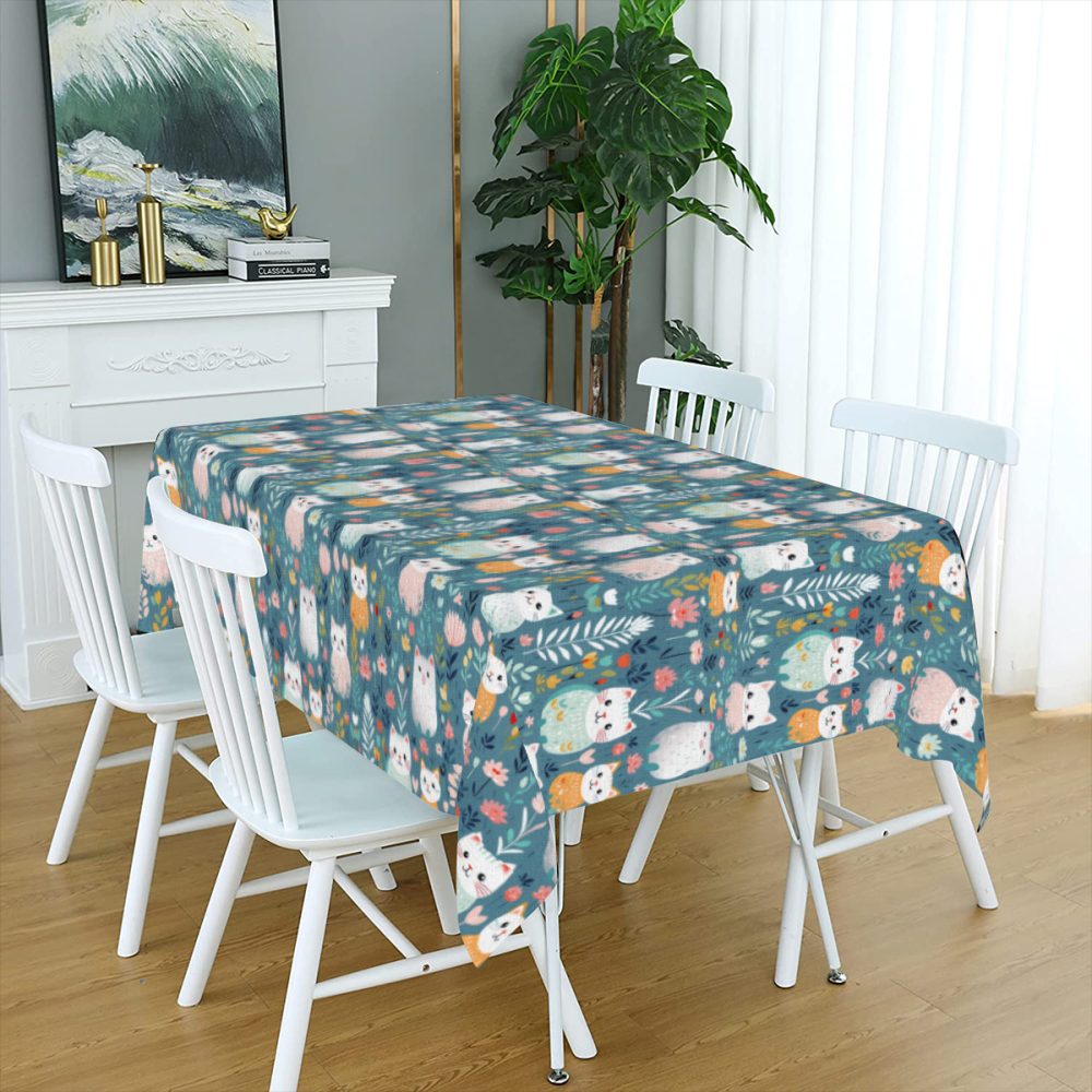 Pink and Teal Boho Style Cats Table Cloth, 72 Inch - Image 5