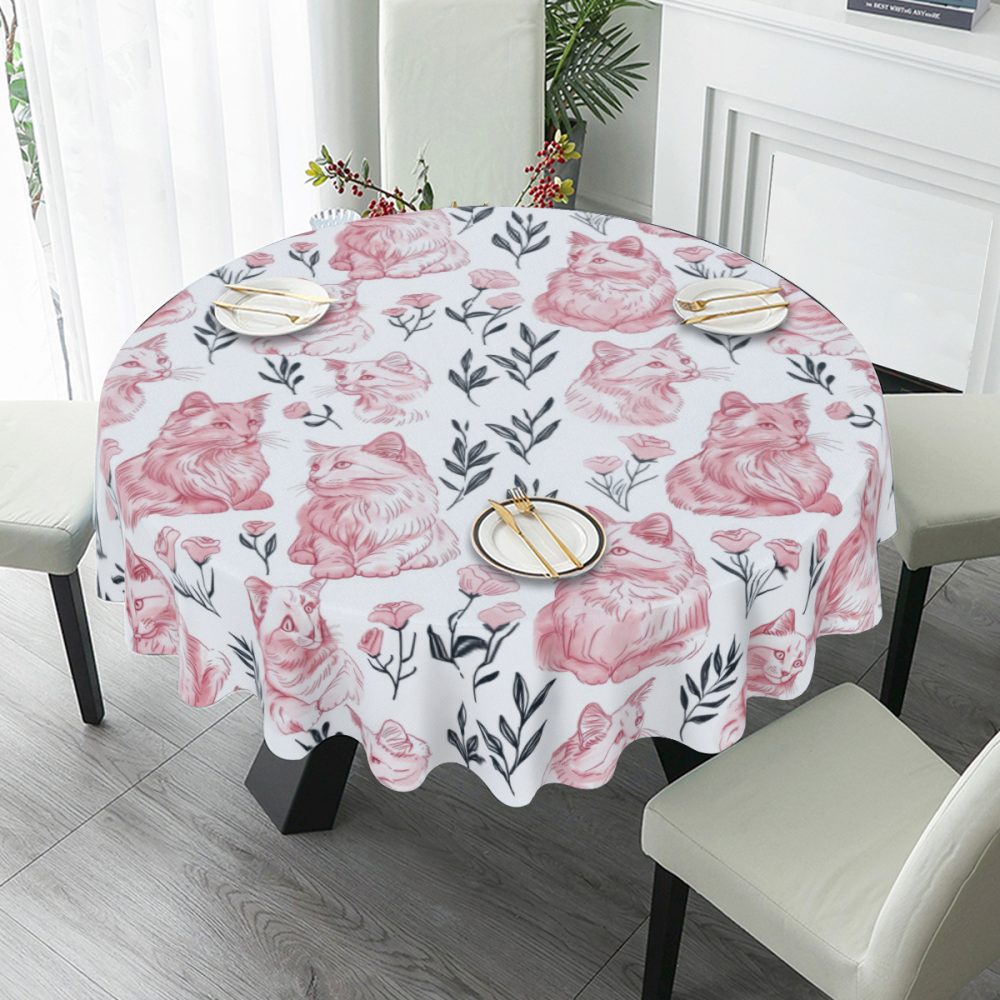 Pink and Black Cat Print Round Table Cloth, 60 Inch