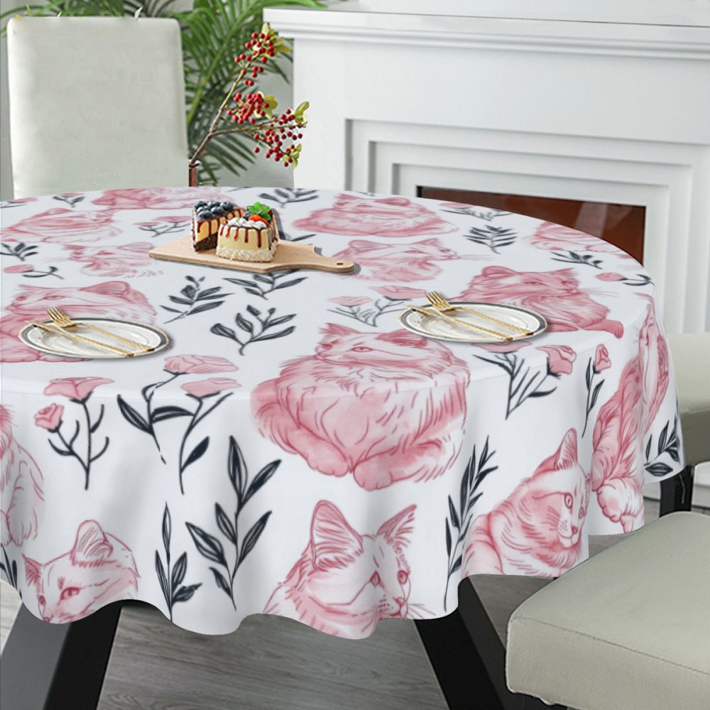 Pink and Black Cat Print Round Table Cloth, 60 Inch - Image 2