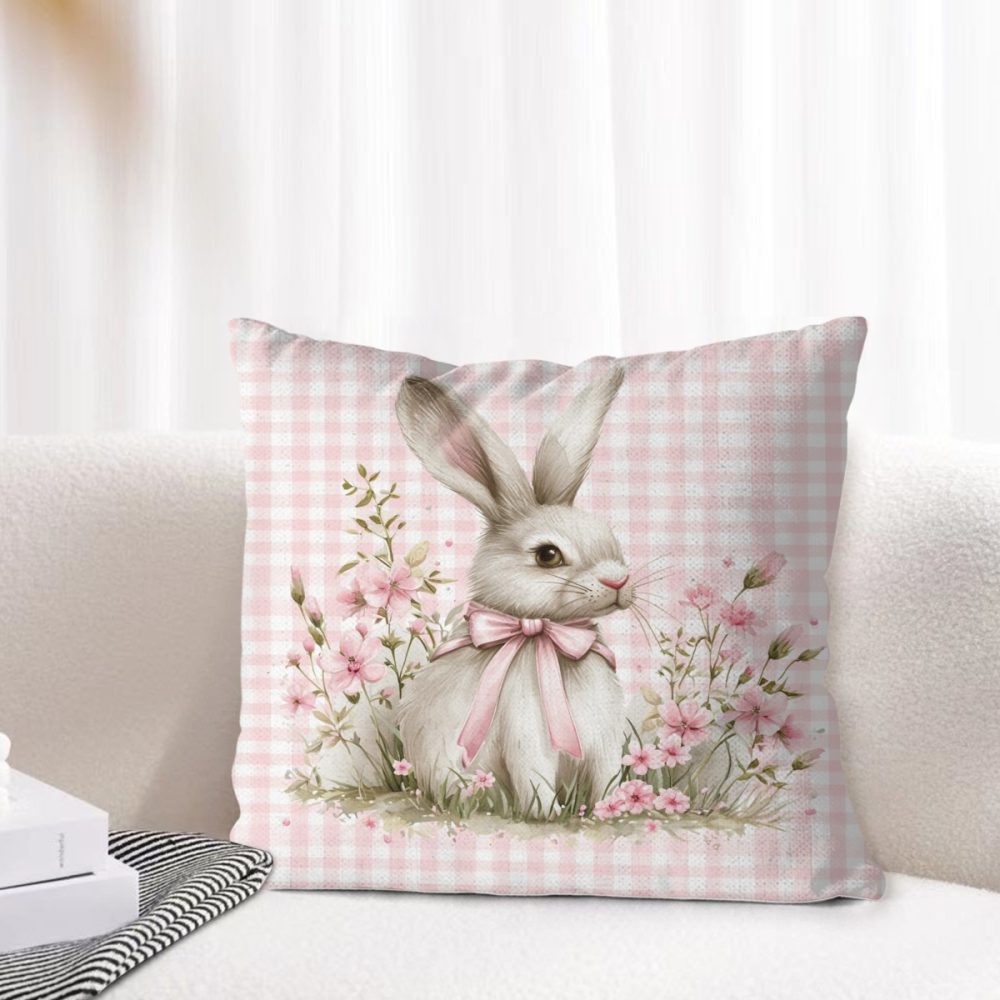 pink gingham easter bunny linen square pillow cover, 18 to 26 inch, easter farmhouse decor