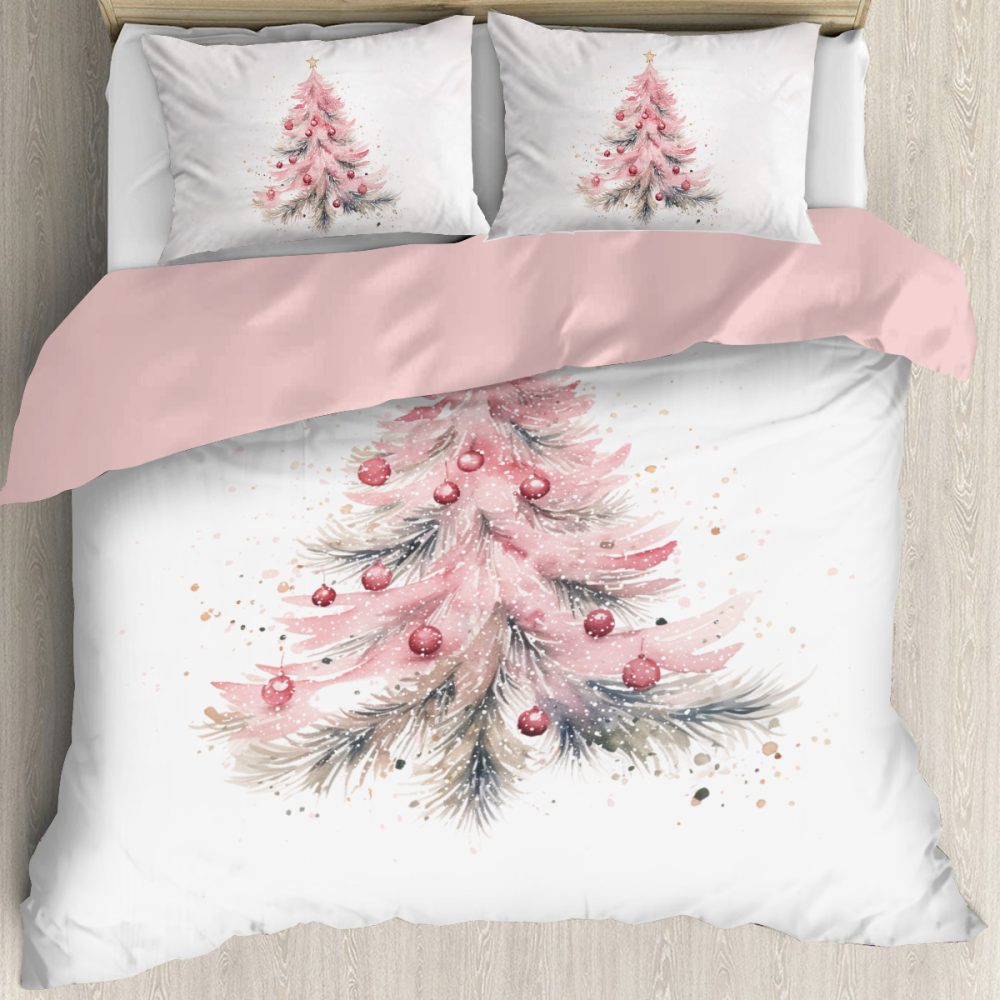 pink christmas tree bedding set, duvet cover and two shams. twin, full, queen, king