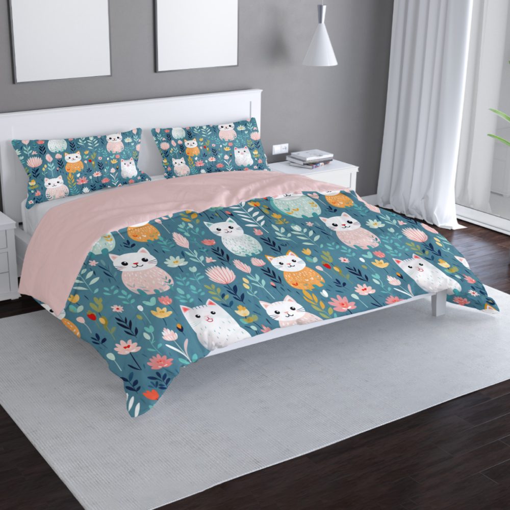 Boho Style Pink and Teal Cat Print Bedding Set