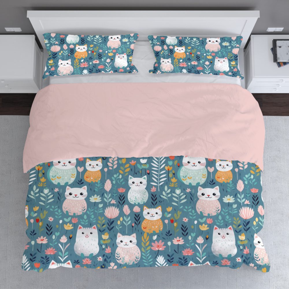 Boho Style Pink and Teal Cat Print Bedding Set - Image 2