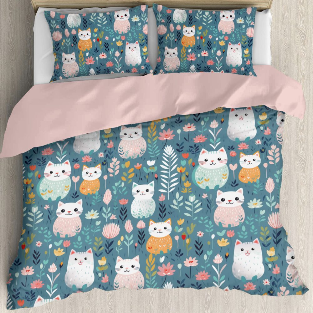 Boho Style Pink and Teal Cat Print Bedding Set - Image 3