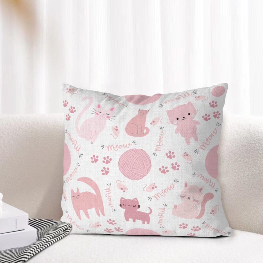 cute pink cat pattern pillow covers, square linen 18, 20, 22, 24, 26 inch, cat bedroom