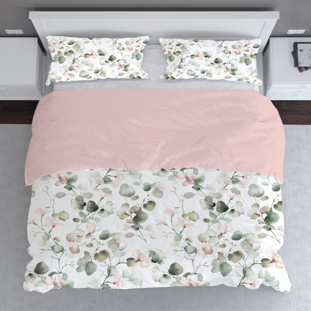 blush pink and sage greenery bedroom decor bedding. Twin, full queen, king. water color style