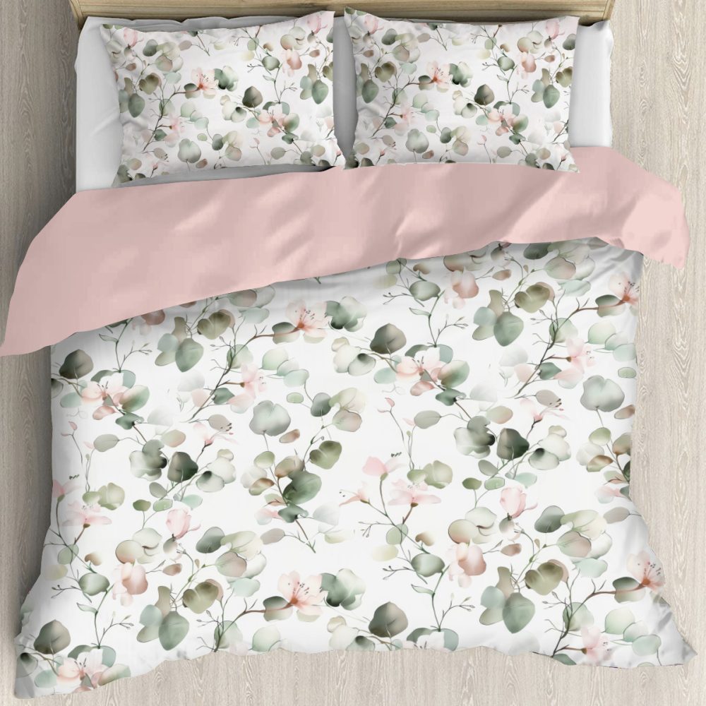 blush pink and sage greenery bedroom decor bedding. Twin, full queen, king. water color style