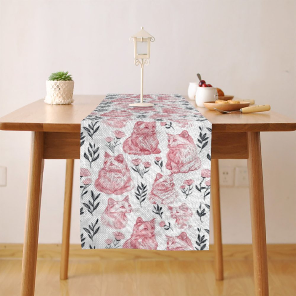 pink and black cats and flower 70 inch linen table runner, cat lovers home decor