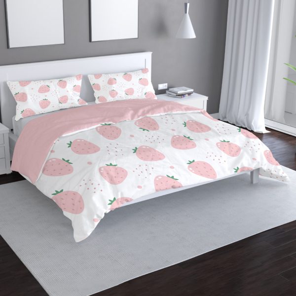 lightweight pink strawberry bedding set, duvet cover and pillow shams, strawberry short cake