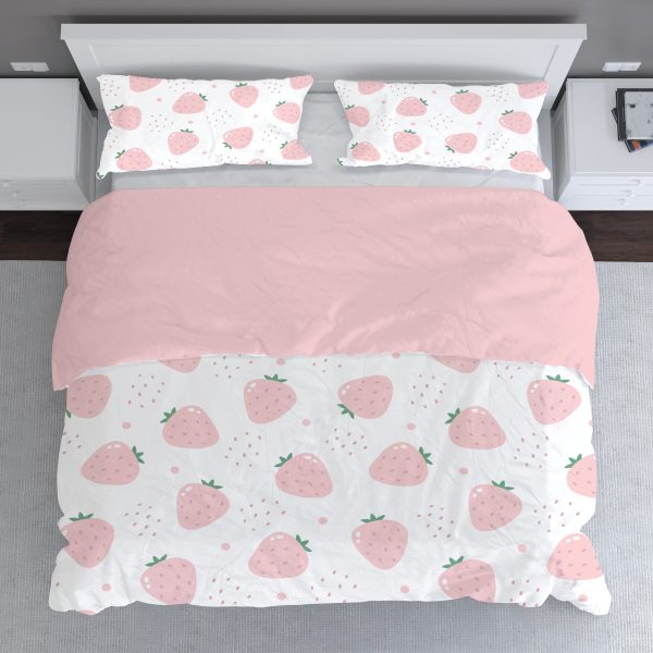 lightweight pink strawberry bedding set, duvet cover and pillow shams, strawberry short cake