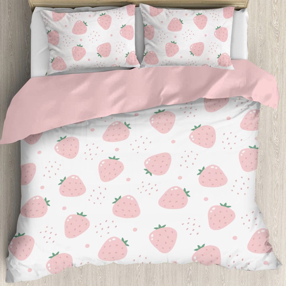 lightweight pink strawberry bedding set, duvet cover and pillow shams, strawberry short cake