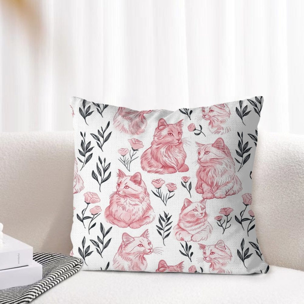 pink and black cat linen pillow cover. Double sided zipper closure, cat lovers