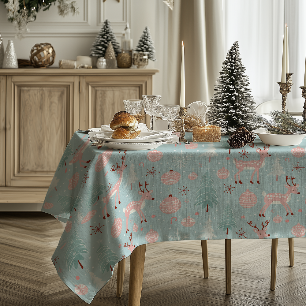 Boho Pink and Blue Winter Forest Christmas 72In Table Cloth