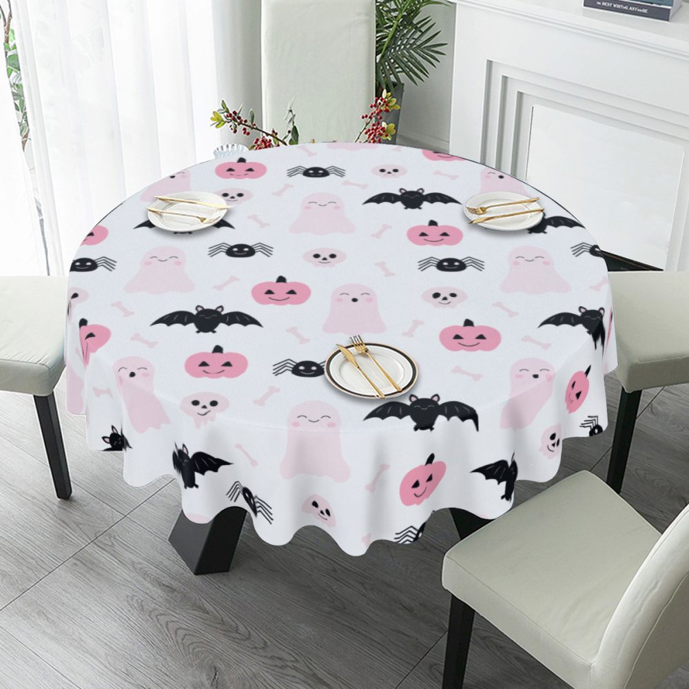 Cute Pink and Black Halloween Round Table Cloth, 60 In