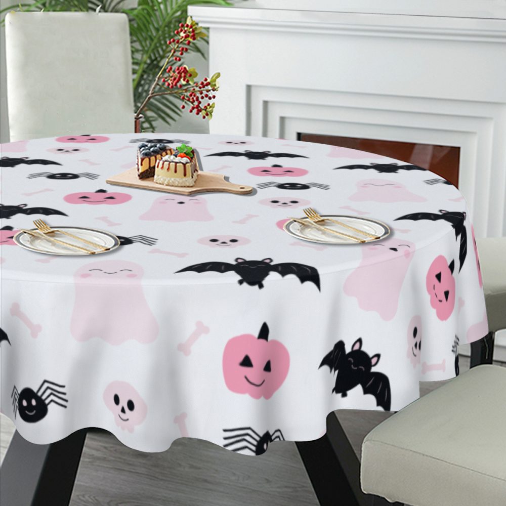 Cute Pink and Black Halloween Round Table Cloth, 60 In - Image 2