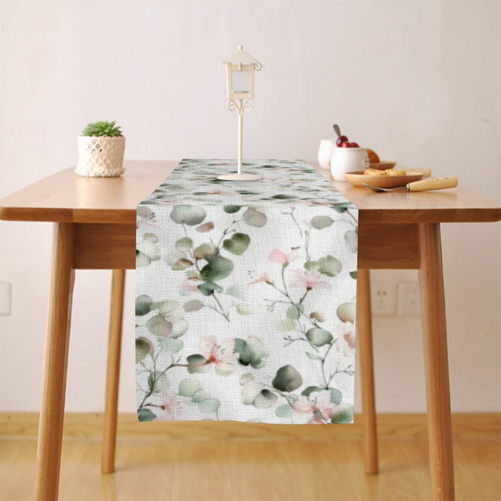 Blush pink and sage green floral & greenery decorative runner with a watercolor style.