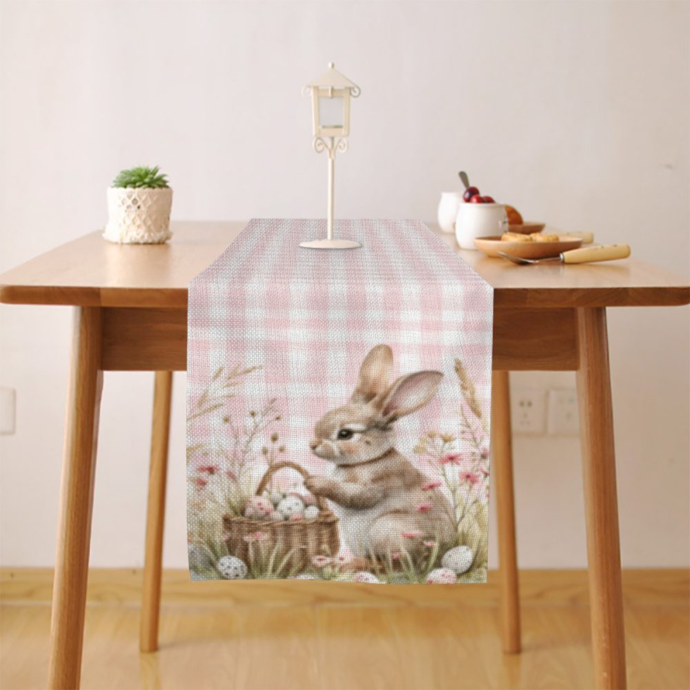 72 In Pink Gingham Pattern Easter Bunny Linen Table Top Runner