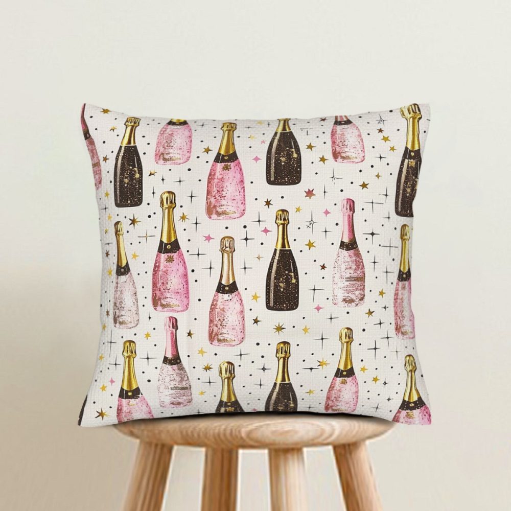 new years eve pillow cover pink and black champagne bottle and stars pattern, linen