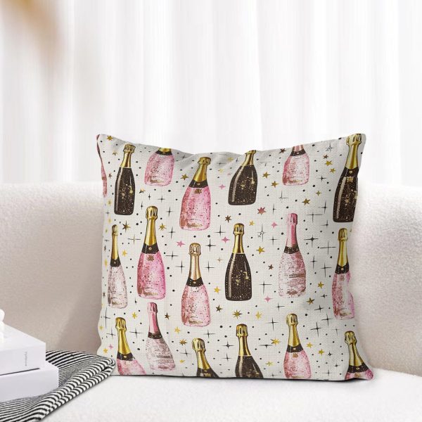 new years eve pillow cover pink and black champagne bottle and stars pattern, linen