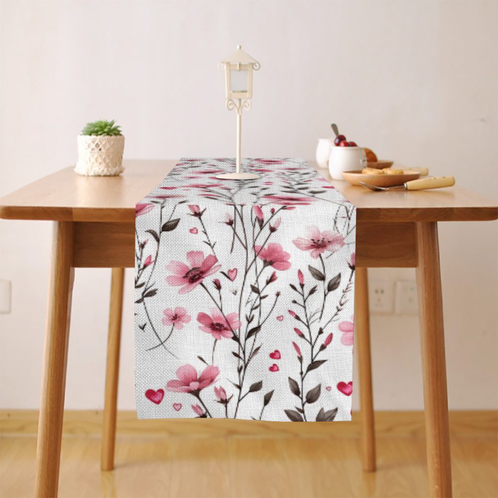 pink windflower 70 inch linen table runner with hearts