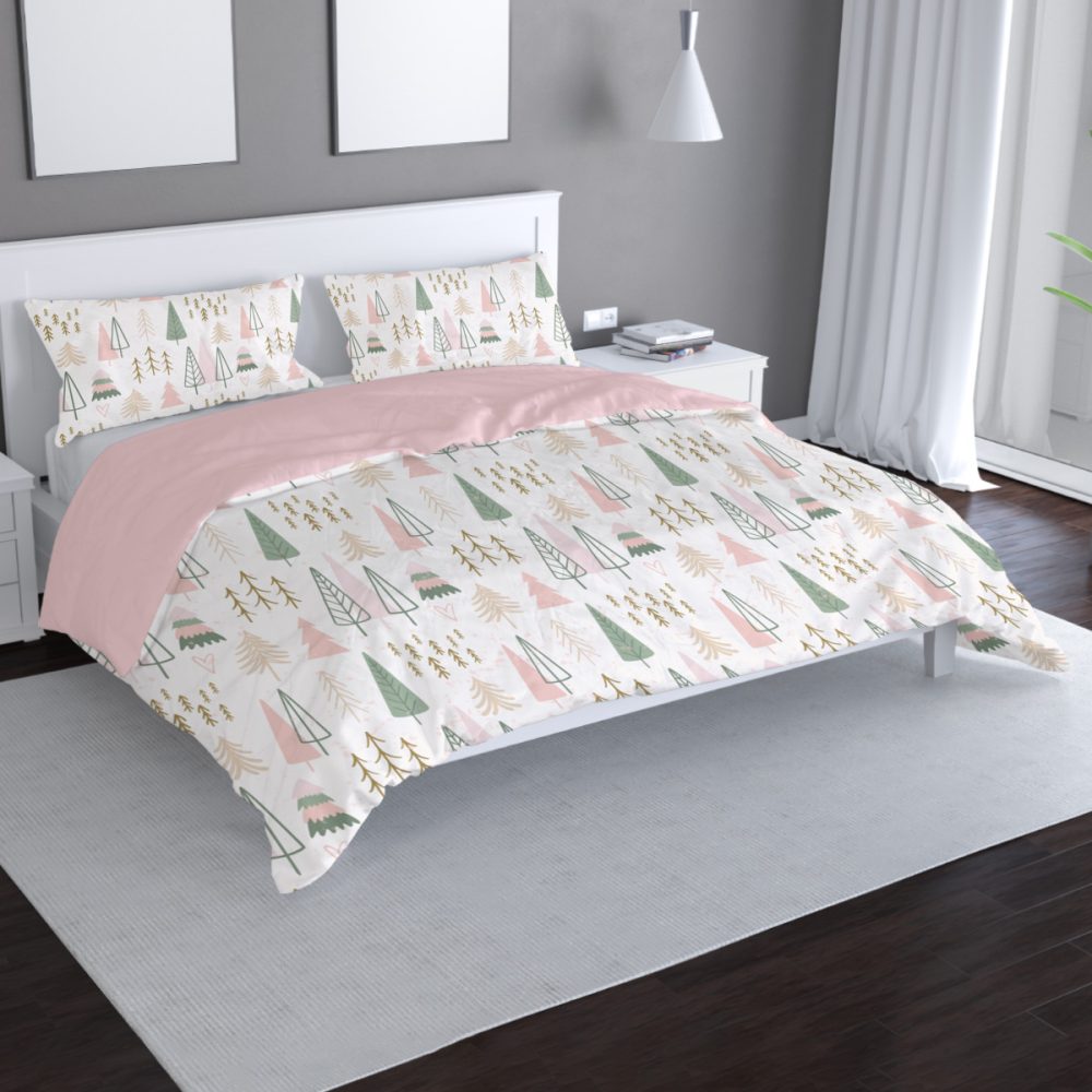 Pink and Sage Boho Christmas Tree Forest Bedding Set