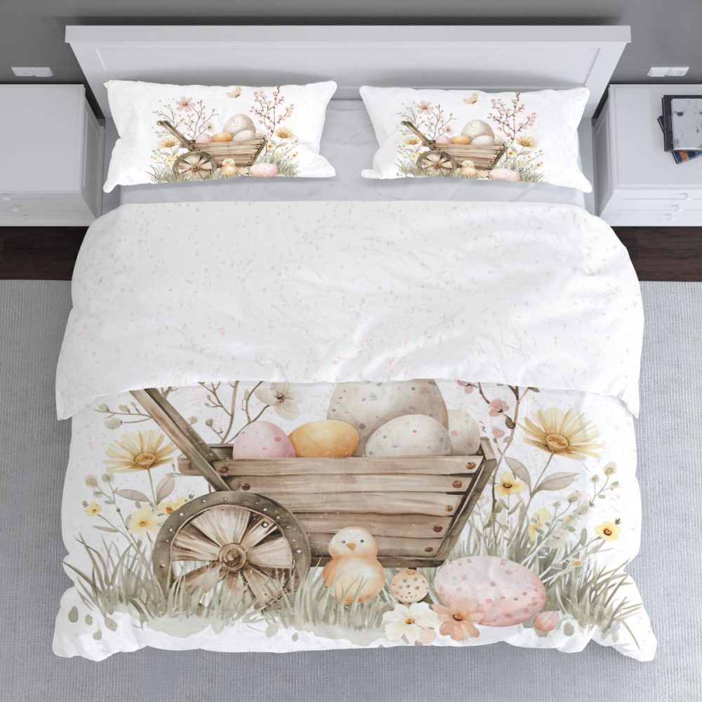 cute farmhouse easter bedding set duvet cover with two pillow shams with easter eggs, full, queen, king