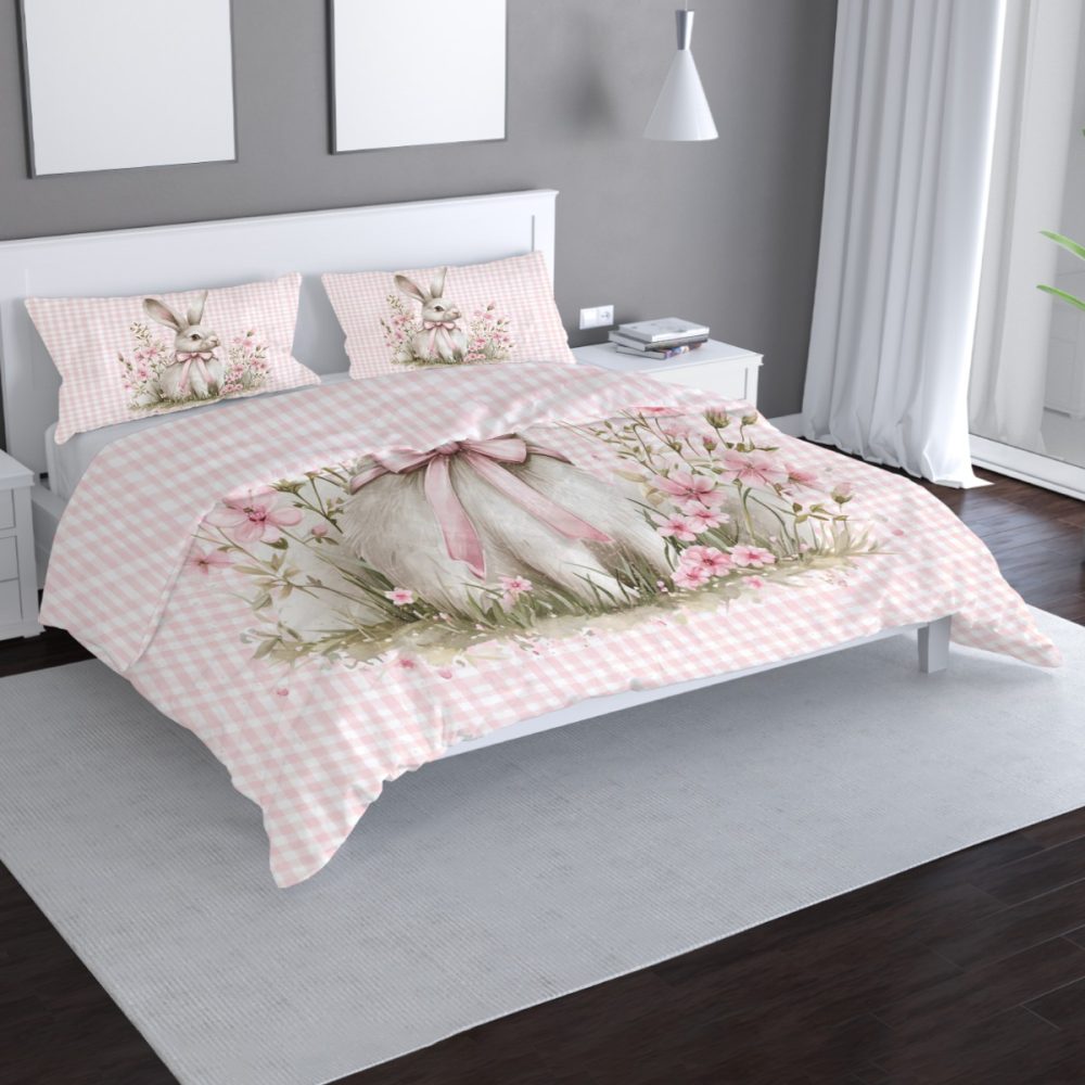 pink gingham easter bunny easter bedding set, duvet cover and pillow shams, farmhouse bedroom, twin, full, queen, king