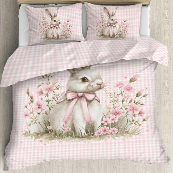 pink gingham easter bunny easter bedding set, duvet cover and pillow shams, farmhouse bedroom, twin, full, queen, king