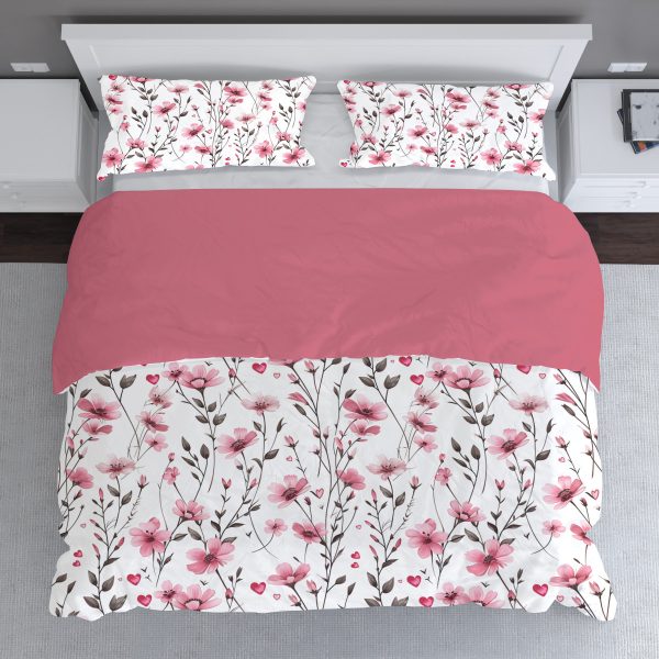 pink wild flower valentine's day bedding set, duvet cover and two shams, twin, queen, full, king