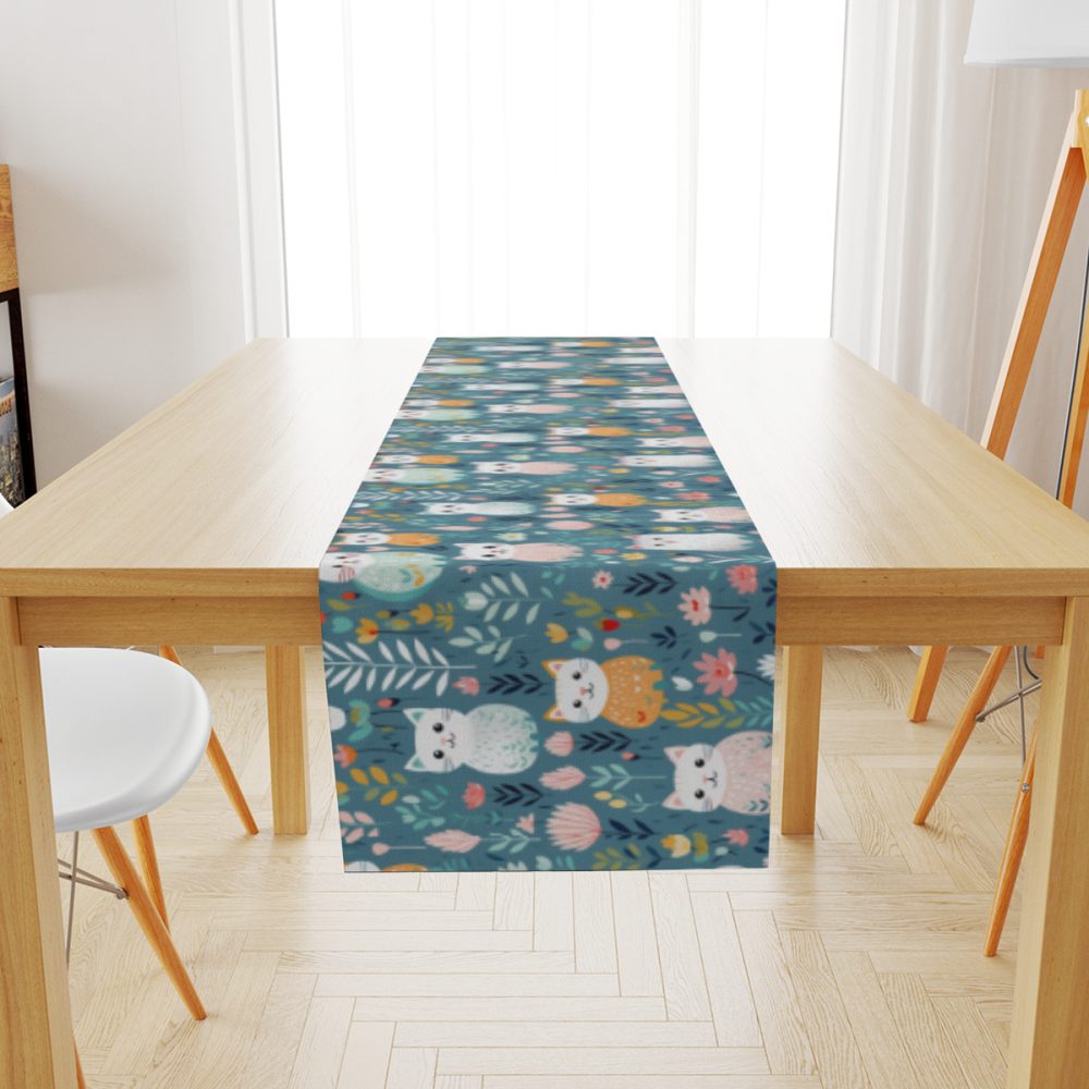 teal and pink cute boho cats table runner, linen 70 inch