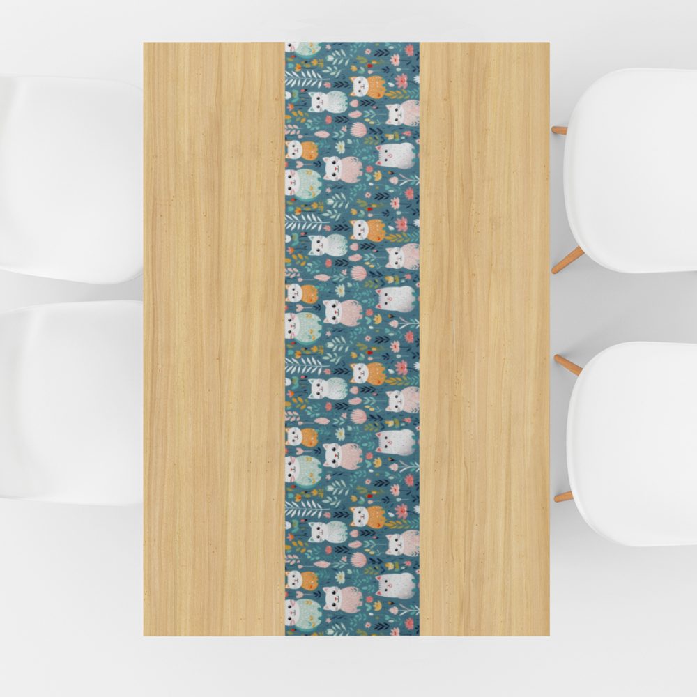 teal and pink cute boho cats table runner, linen 70 inch