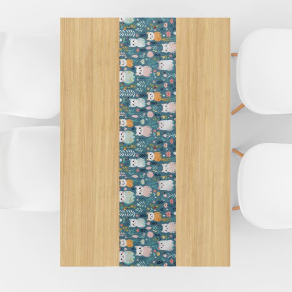 teal and pink cute boho cats table runner, linen 70 inch