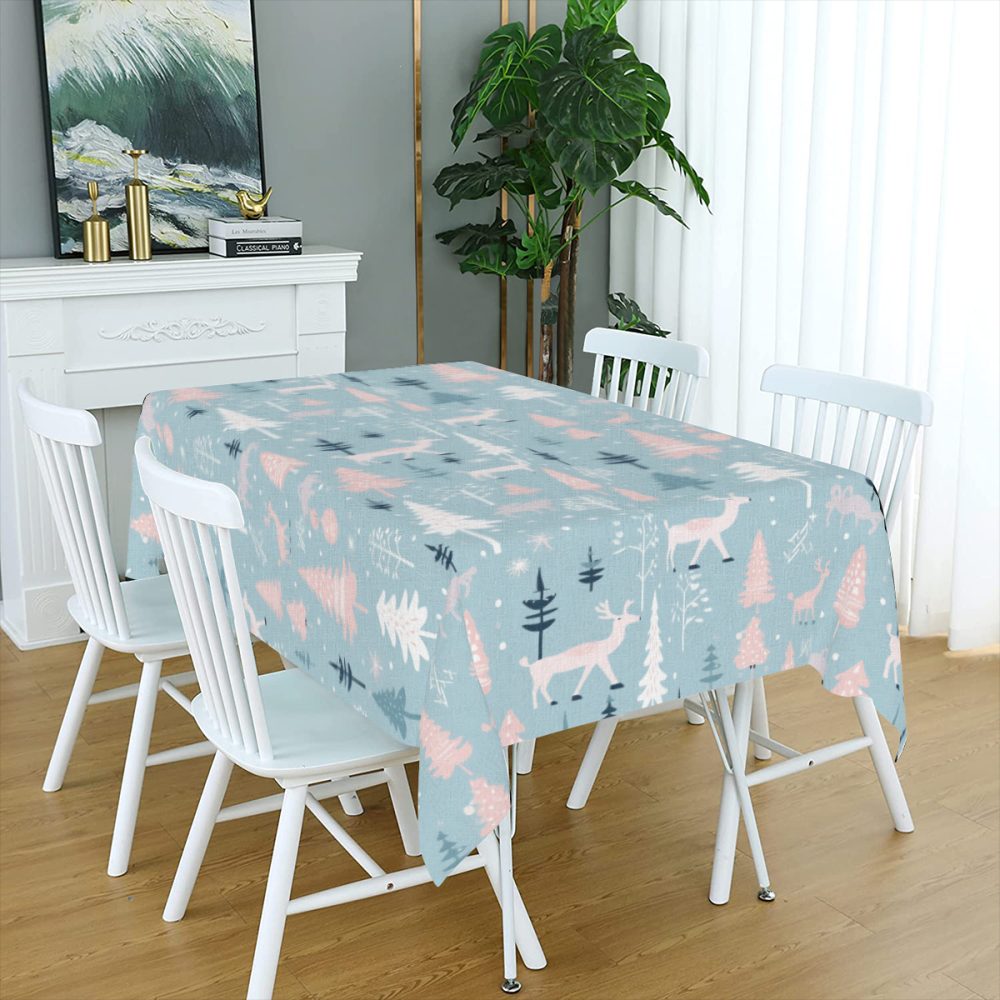 Boho Pink and Blue Winter Forest Christmas 72In Table Cloth