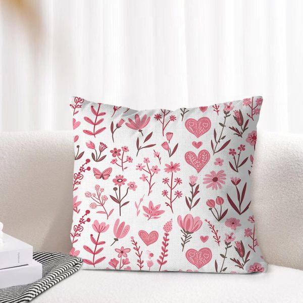 pink valentine's day linen square pillow cover with hearts and flowers, zipper closure, 18 to 26 inch