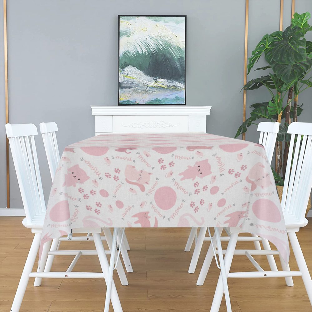 Cute Pink Cats Rectangle Linen Table Cloth - Image 2