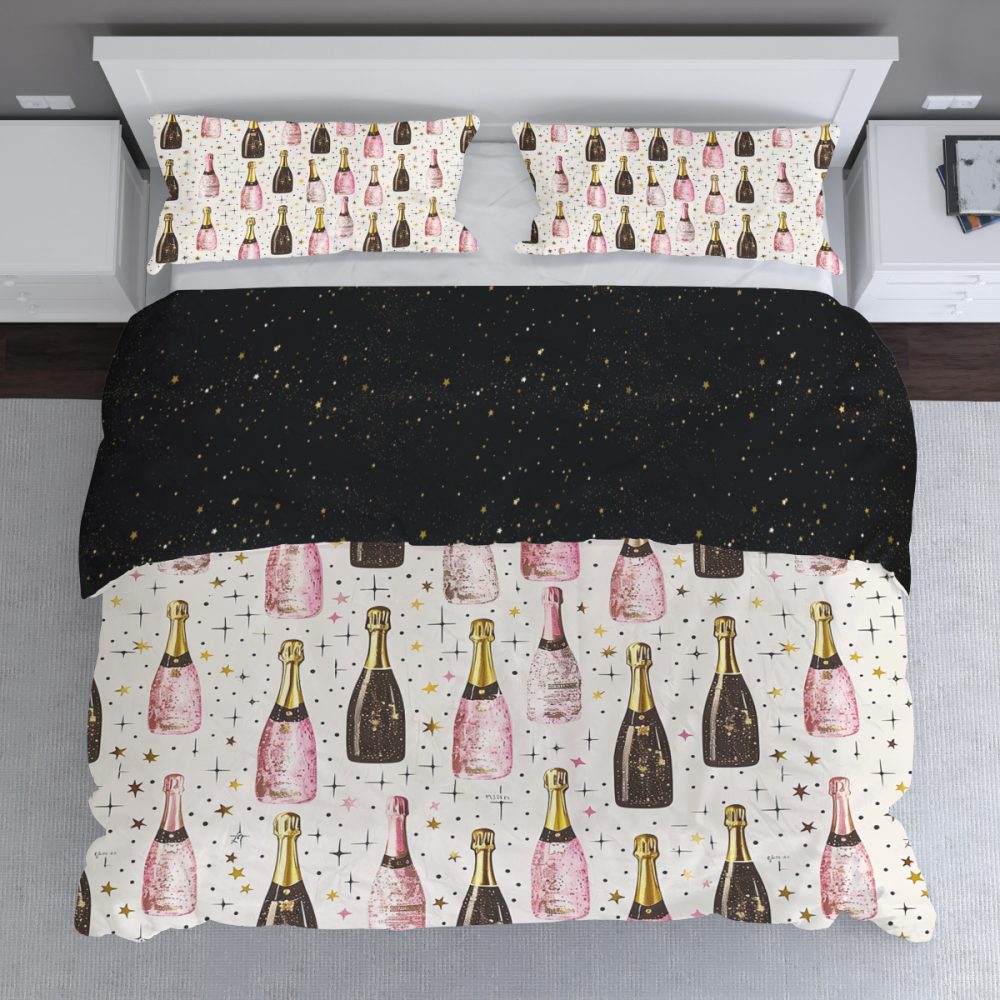 new years eve bedding set, duvet cover and two shams, pink and black champagne bottle and stars pattern, lightweight