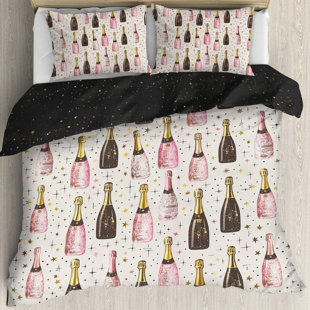 new years eve bedding set, duvet cover and two shams, pink and black champagne bottle and stars pattern, lightweight