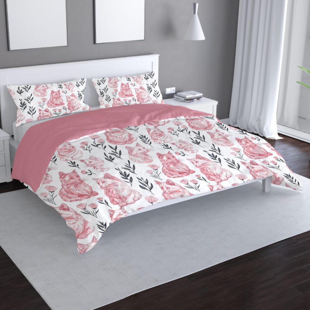 pink cat and black duvet cover and pillow shams, twin, full, queen, king for cat lovers pink and black bedroom