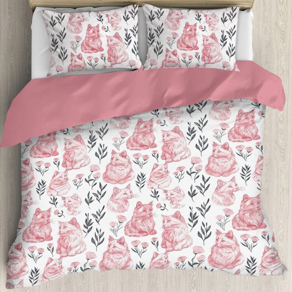 pink cat and black duvet cover and pillow shams, twin, full, queen, king for cat lovers pink and black bedroom