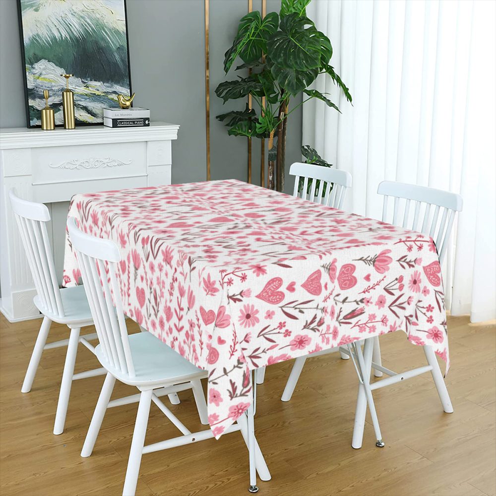 Pink Hearts and Floral Table Cloth 72 In