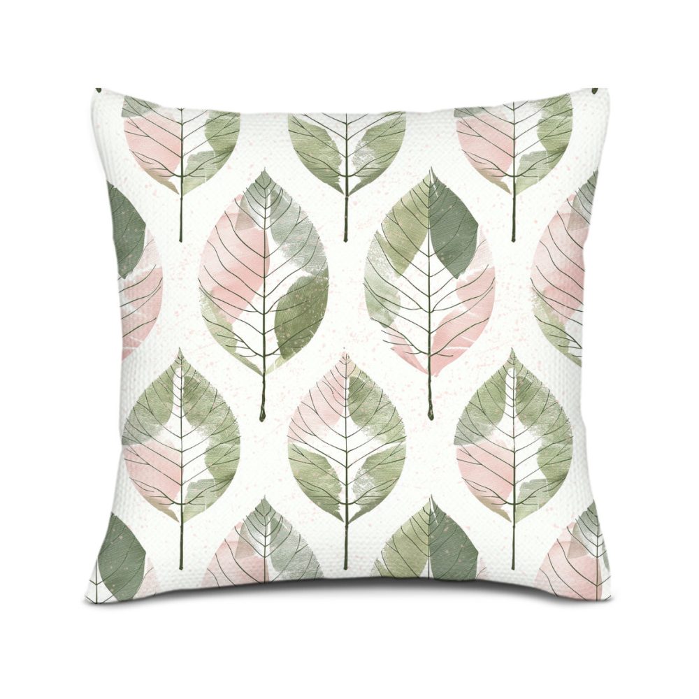 Blush pink and sage green linen pillow cover stamped leave pattern earthy