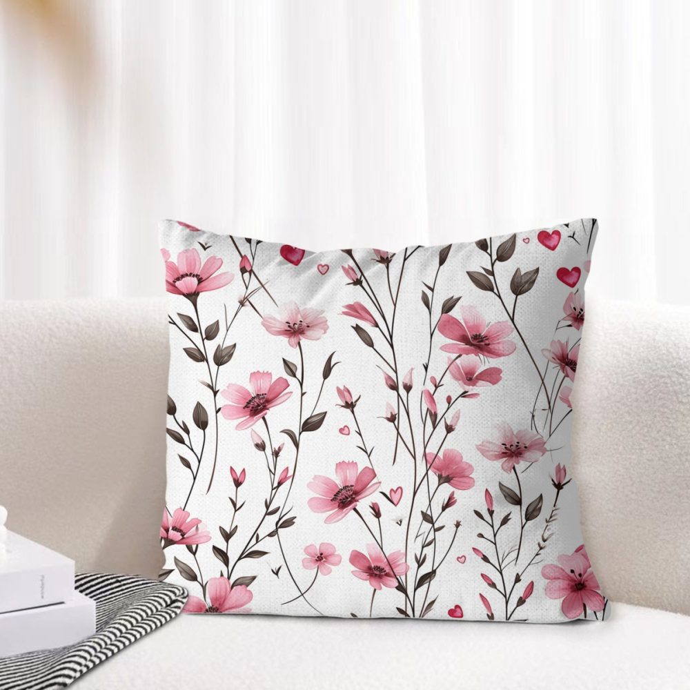 pink valentine's day linen square pillow cover with hearts and flowers, zipper closure, 18 to 26 inch