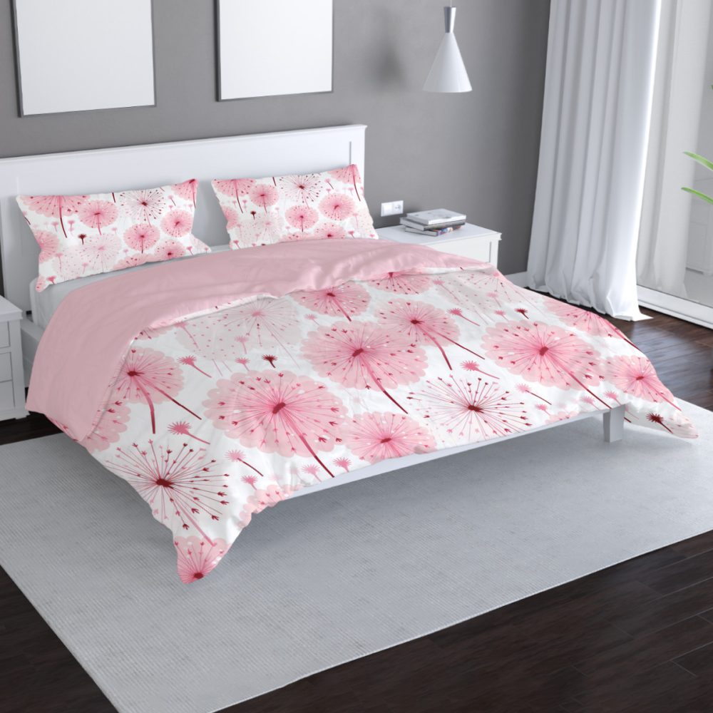 blush pinks dandelion puff pattern bedding set, duvet cover and two shams, lightweight, queen, full, king, california king