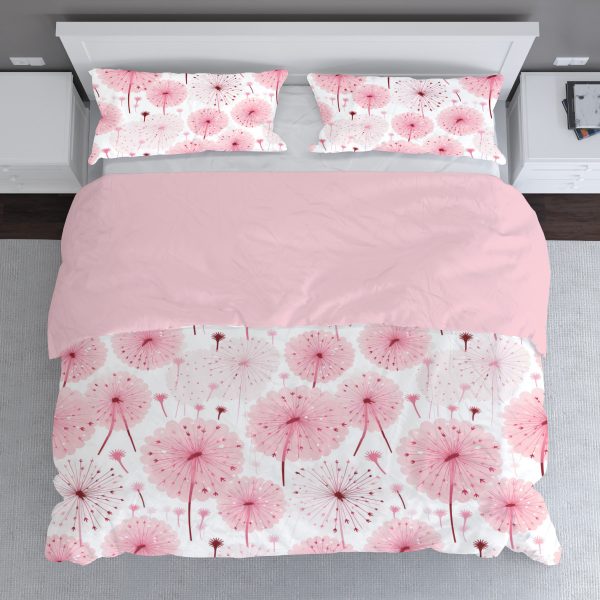 blush pinks dandelion puff pattern bedding set, duvet cover and two shams, lightweight, queen, full, king, california king