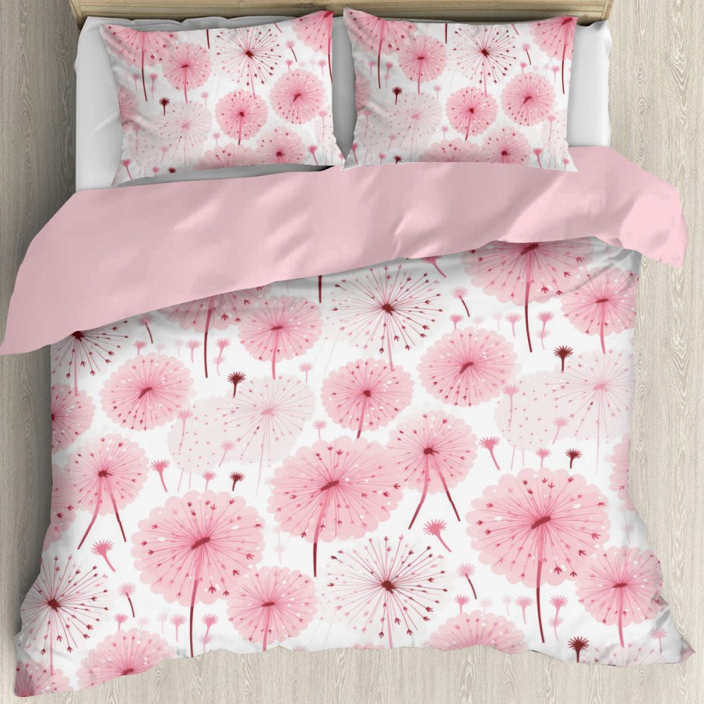 blush pinks dandelion puff pattern bedding set, duvet cover and two shams, lightweight, queen, full, king, california king