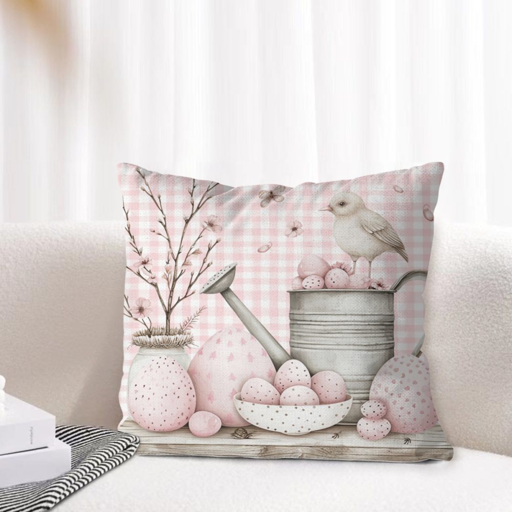 pink gingham easter egg linen square pillow cover, 18 to 26 inch, easter farmhouse decor